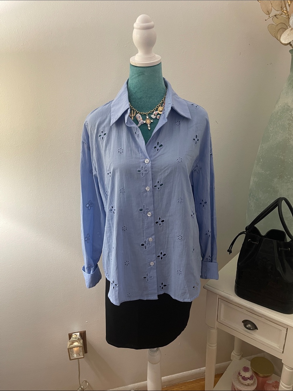 Shein Light Blue Eyelet Button-Down Shirt